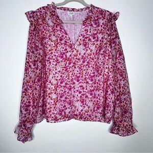 J. Crew Pink Floral Long Sleeve Ruffle Blouse Size Large Valentines Day Office